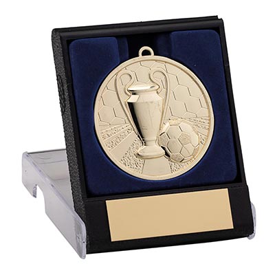 Football Trophy and Ball Medal in Box Gold 50mm