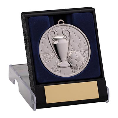 Football Trophy and Ball Medal in Box Silver 50mm