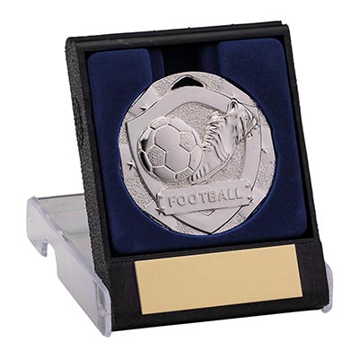 Football Boot and Ball Medal in Box Silver 50mm